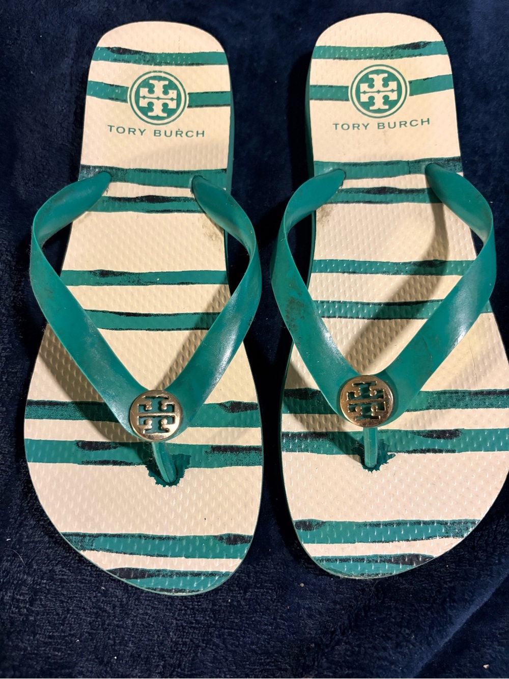 Tory Burch Teal and Cream Striped Flip Flops